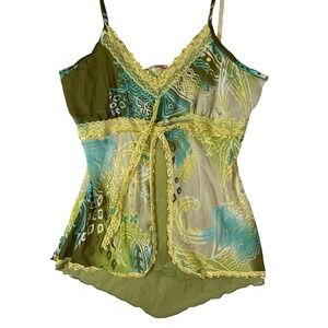 Vtg Y2K‎ Papaya Cami Top M Green Fairy Boho Chic Sequins Paisley USA Festival